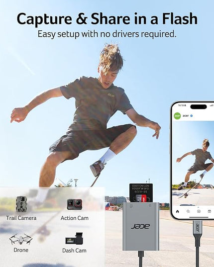Acer SD Card Reader USB C, Dual Slots Type C to Memory Card Reader, Aluminum Micro SD Card Camera Adapter for MicroSD, SDHC, SDXC, Compatible with iPhone16/15, MacBook, iPad Pro, Android, Laptop