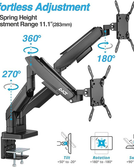 AVLT RGB Lights Dual 17”-43” Gaming Monitor Arm Desk Mount, Fits Two Flat/Curved/Ultrawide Screen up to 44lbs(20kg), Height Swivel Tilt Adjustable Stand - Black