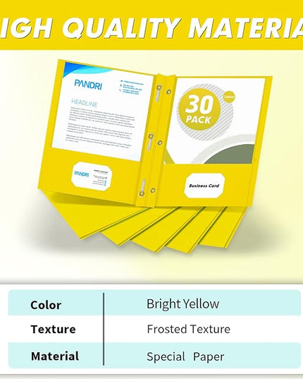 Two Pocket Folders, PANDRI 30 Pack Two Pocket Folders with Prongs, 3 Prong Folders Designed for Office and Classroom, Letter Size Yellow
