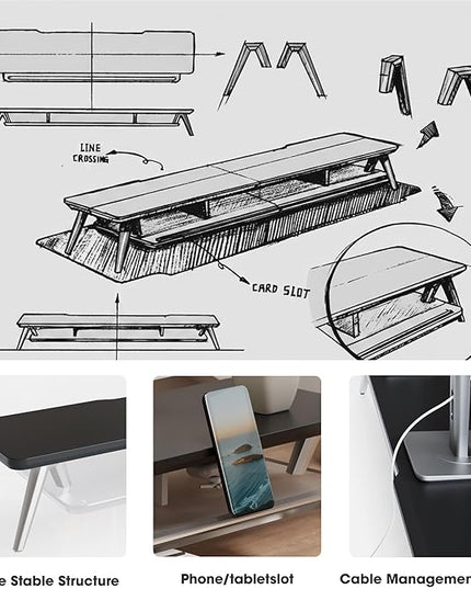Fenge Dual Monitor Stand, 2 Tiers Acrylic Monitor Riser with LED Lights, 42.5 Inch Wood and Aluminum Desk Shelf with Phone and Tablet Holder