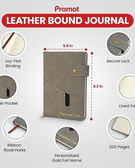 Promot Personalized Notebook - A5 Lined Leather Bound Journal for Writing Women Men - Hardcover Executive Notebook, Daily Journal, Travel Diary, Gift Idea, Custom Embossed Text with Gold Metallic Foil