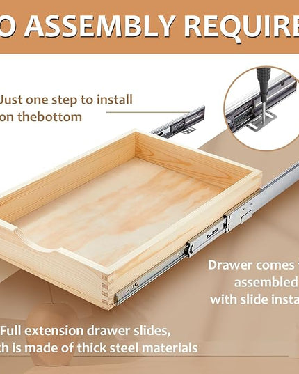 Menkxi 2 Set Pull out Tray Cabinet Organizer Wooden Pull Drawers storage Slide out Pantry Shelf for Base Cabinet Kitchen Gentle Close Fully Assembled Accessories(Wood Color,15'' X 21'' X 3'')