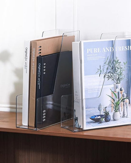Vertical Magazine File Holder, Clear File Organizer Desk Organizer and Storage Bins Holding for Magazines, Binders, Notebooks, Envelopes, Plastic Office Organization and Storage for Desk, 4 pack