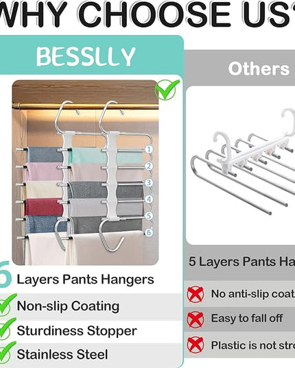 Upgrade 6 Layers Pants Hangers Space Saving, 2Pack Stainless Steel Multifunctional Rack Non Slip S-Type Clothes Jean Hanger Closet Organizer for Jeans Leggings Trousers Skirts Scarf, White