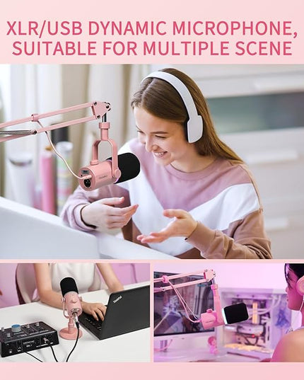 FEELWORLD PM1 XLR USB Dynamic Microphone Gifts for Podcast Recording PC Computer Gaming Live Streaming Vocal Voice-Over, Studio Metal Mic with RGB Light, Mute Button, Headphones Jack (Pink)