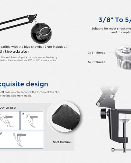 Neewer Microphone Arm Stand, Suspension Boom Scissor Mic Arm Stand with 3/8” to 5/8” Screw and Cable Ties Compatible with Blue Yeti, Snowball, Yeti X, Quadcast and Other Mics, Max Load 1.5kg