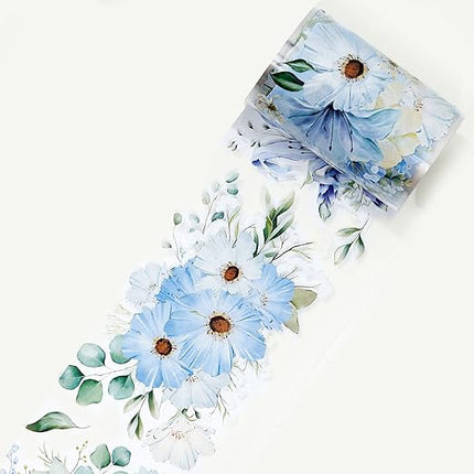 WT Serene Wide PET Tape, Single Roll, Original Designs, Watercolor Blue Flower Decorative Tape, Transparent Clear Adhesive Tape, Journal Scrapbook Bujo Planner DIY Craft Supplies