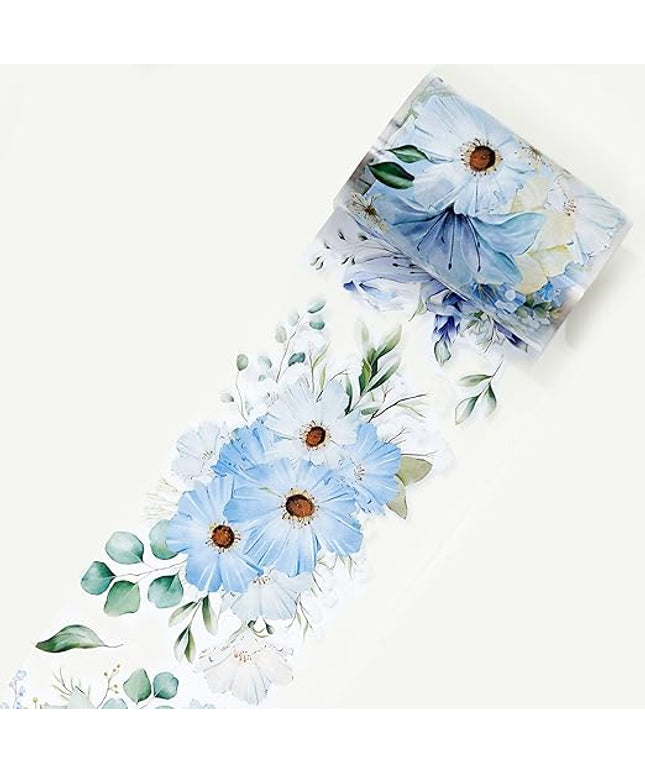 WT Serene Wide PET Tape, Single Roll, Original Designs, Watercolor Blue Flower Decorative Tape, Transparent Clear Adhesive Tape, Journal Scrapbook Bujo Planner DIY Craft Supplies
