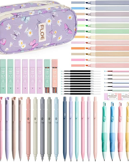 65PCS Aesthetic School Supplies with Cute Pencil Case, Pastel Highlighters Gel Pens Mechanical Pencils Set 0.5 0.7 & 2.0mm, Office Back to School Supplies College Essentials Kit Student Stationary Set