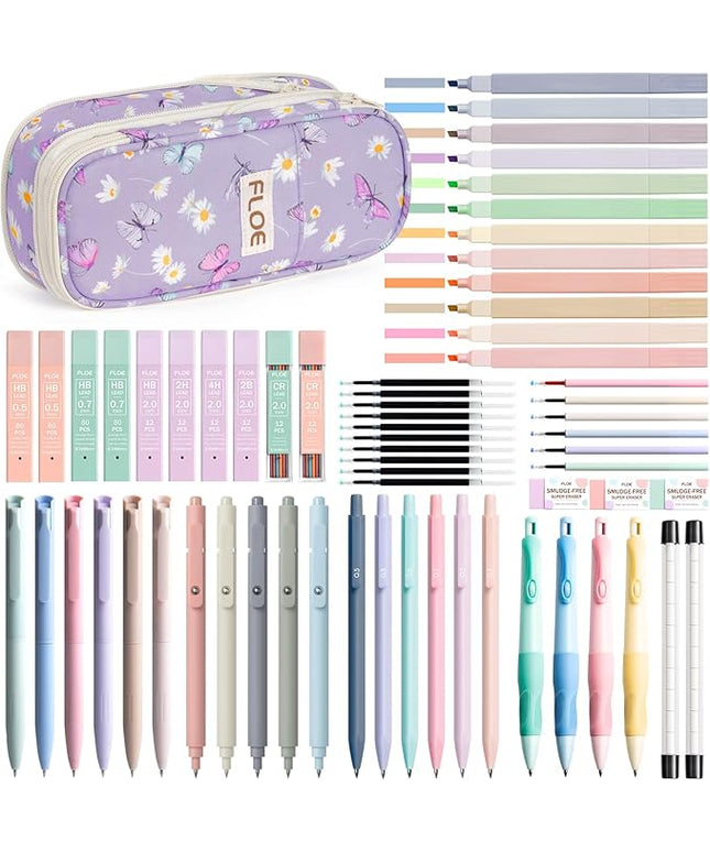 65PCS Aesthetic School Supplies with Cute Pencil Case, Pastel Highlighters Gel Pens Mechanical Pencils Set 0.5 0.7 & 2.0mm, Office Back to School Supplies College Essentials Kit Student Stationary Set