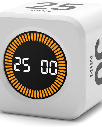 Exlliy Rotating Productivity Timer 5, 25, 10, 50 Minutes Preset, Desk Cube w/Gravity Sensor for ADHD, Mute Functions, Ideal for Work, Study, Kitchen, Back to School (1, White)