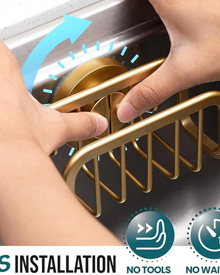 TAILI Sponge Holder for Kitchen Sink with Strong Suction Cup, Rustproof Aluminum Sink Caddy for Sponges, Removable Sponge Holder, Dish Brush for Scraper - Gold