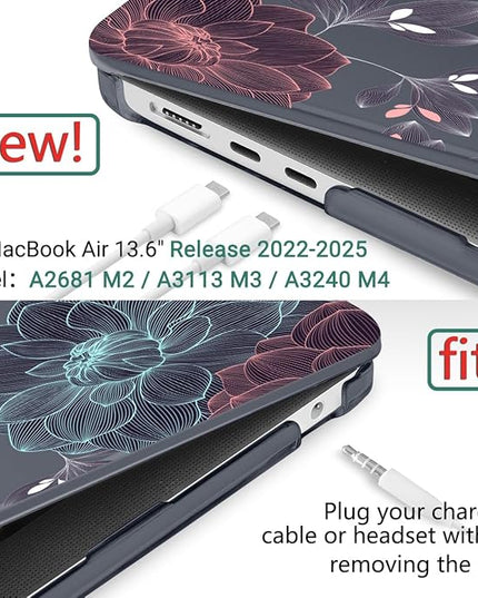 DONGKE for M4 MacBook Air 13.6 Inch Case 2025 2024 2023 2022 Model A3240 A3113 A2681 M3 M2 Chip, Plastic Hard Shell Case Cover with Touch ID for MacBook Air 13 Inch M4 - Dahlia Flowers