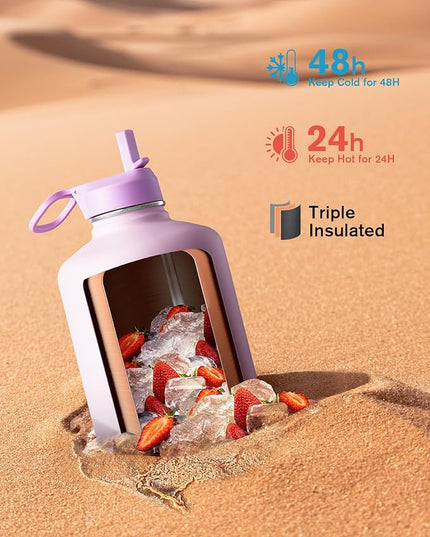 Coolflask 128 oz Gallon Water Bottle Insulated with Straw&3 Lids, Water Jug Large Stainless Steel Metal Vacuum Wide Mouth for Sports, Gym or Office, Non-BPA Keep Cold 48H Hot 24H, Pink
