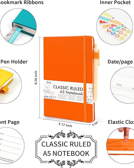 feela Hardcover Notebook For Work, Classic Ruled Lined Journal Set School Business Supplies, with 3 Black Pens, 120 GSM, 5.1”x8.3”, 3 Pack, A5, Solid Colors, Yellow, Orange, Emerald