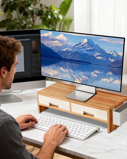 Desk Monitor Stand Riser, Double Drawer Ergonomic Organizer, Computer Desk Riser for Monitors and Accessories, Durable Wood Material, Family Friends Home Offices Indoor Study Bedroom Room Workstation