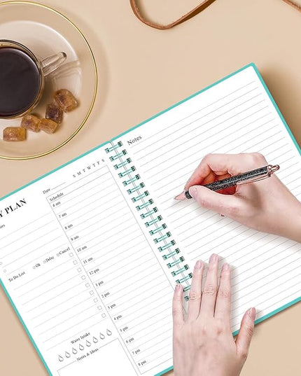 Daily Planner Undated - A5 To Do List Notebook Hourly Schedules, Spiral Appointment Planner for Women and Men, PVC Hardcover, Inner Pocket, Elastic Closure, 5.8" x 8.3", Teal