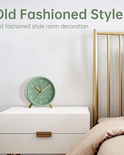 Analog Alarm Clock, 4 inch Super Silent Non Ticking Small Clock with Night Light, Battery Operated, Simple Design, easy setting for Office, Bedroom, Bedside, Desk, teens, elders, kids, adult, Green