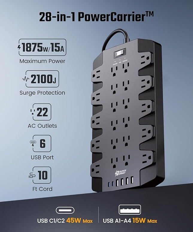 SUPERDANNY Power Strip Surge Protector with 10ft Extension Cord - 22 Outlets, 6 USB Ports, 45W Fast Charging - 1875W/15A, 2100J, 45°Plug, Mountable - Ideal for Home, Office, Gaming, PC, Streaming