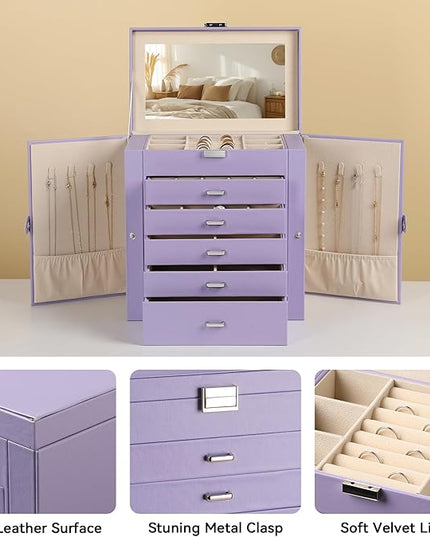 Frebeauty Large Jewelry Box,6-Tier PU Leather Jewelry Organizer,Multi-functional Storage Case with Mirror,Accessories Holder with 5 Drawers for Necklace Bracelets Watches（Purple）