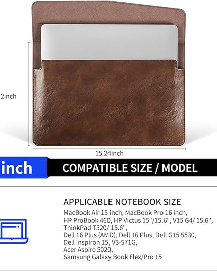 16 inch Genuine Leather Laptop Sleeve for MacBook Pro 16 Inch M4 M3 M2 M1 Pro/Max＆MacBook Air 15 Inch M4 M3 M2 Case,Premium Protective Case Cover with Magnetic Closure - Vintage Dark Brown