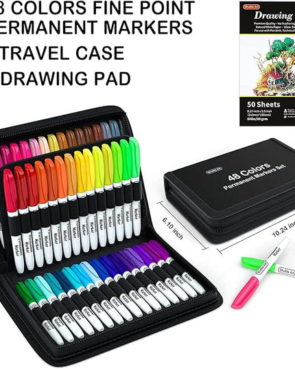 Shuttle Art Permanent Markers, 48 Colors Fine Point, Assorted Colors with Travel Case, Ideal for Adults Coloring Doodling on Plastic, Glass, Wood and Stone, Gift for Kids