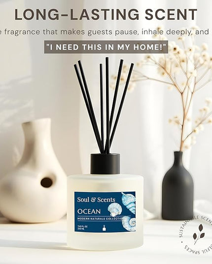 Soul & Scents Reed Diffuser Set – Ocean | 7.43 oz Refillable Scented Oil with 6 Fiber Sticks | Long-Lasting Home Fragrance & Air Freshener for Bedroom, Bathroom, Office | Gift & Décor Piece