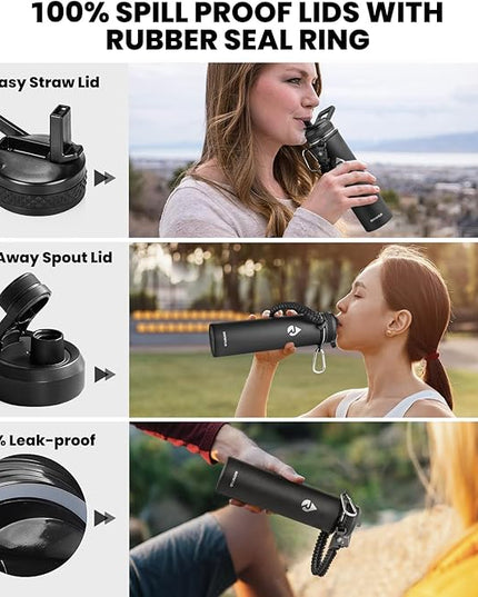 Insulated Water Bottle 24oz, Triple Wall Vacuum Stainless Steel (Cold for 48 Hrs, Hot for 24Hrs), Leak Proof & Non-BPA, 24oz Hydro Water Flask with Paracord Handle & Straw Spout Lids