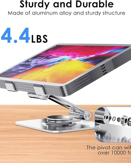 Tablet Stand for Desk, 360° Swivel for iPad Holder, Aluminum Adjustable Tablet Holder, Compatible for iPad Pro Air Mini Surface Pro Samsung Galaxy Tabs Kindle, 4-12.9 inch, Silver