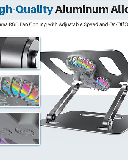 Adjustable Laptop Cooling Stand with 2 Quiet Fans & RGB Lighting, Aluminum Alloy & Foldable Ergonomic Design for MacBook, Lenovo, ASUS, Dell 10-16 Inch, Perfect for Gaming, DJ, Office - Gray