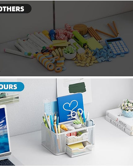 Marbrasse Mesh Desk Organizer, Pen Organizer with 2 Drawer, Multi-Functional Pencil Holder, Desk Organizers and Accessories with 5 Compartments + Drawer for Office Art Supplies (White)