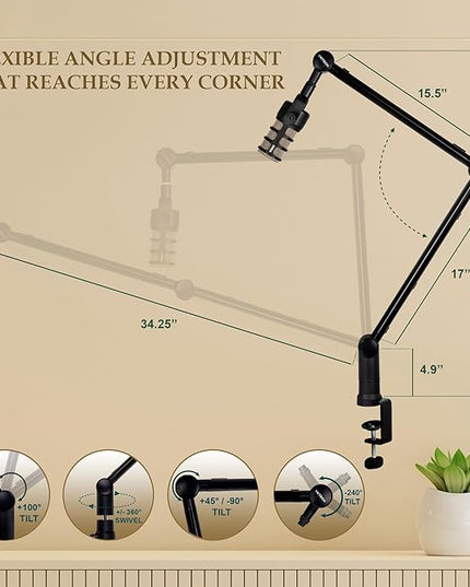 IXTECH Microphone Boom Arm with Desk Mount, 360° Rotatable, Adjustable and Foldable Scissor Mounting for Podcast, Video Gaming, Radio and Studio Audio, Sturdy and Universal - Elegance Model
