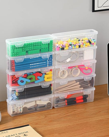 10 Pack Clear Plastic Pencil Case Boxes - Narrow Stackable Storage Organizers with Snap Lids for Pens, Markers, Makeup Brushes, Art Supplies, Beads, Jewelry, School Office Use, Rectangular Narrow