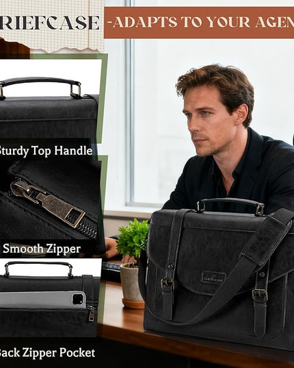 RAINSMORE Flap Messenger Bag for Men Vintage PU Leather Laptop Bag 15.6 Inch Retro Briefcase with Wallet Satchel Computer Bag