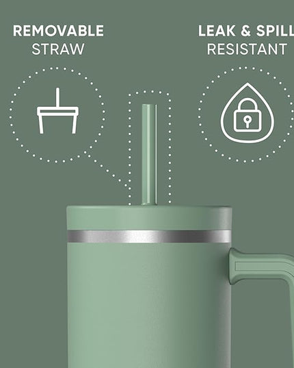 Hydrapeak Voyager 40 Oz Stainless Steel Tumbler with Handle, Insulated Water Bottle With Straw & Lid, Cupholder Friendly Reusable Travel Mug (Sage)