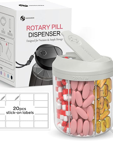 Pill Dispenser with 7 Large Compartments, 4.4" H x 3.6" Dia Pill Organizer for Travel, Supplement Organizer with Anti-Mixing Design, BPA-Free Pill Container with 20 Pcs Labels, Grey