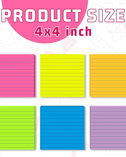 (12 Pads) Lined Sticky Notes 4x4 in Post, 6 Bright Colors with Lines Self-Stick Note Pads it, Strong Adhesive, 46 Sheets/Pad, 552 Sheets in Total