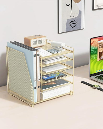 gianotter 6-Tier Paper Organizer With Magazine Holder, Desk Organizers and Accessories, Desk Accessories & Workspace Organizers, File Organizer for Office Supplies Storag (Gold, 6-Tier)