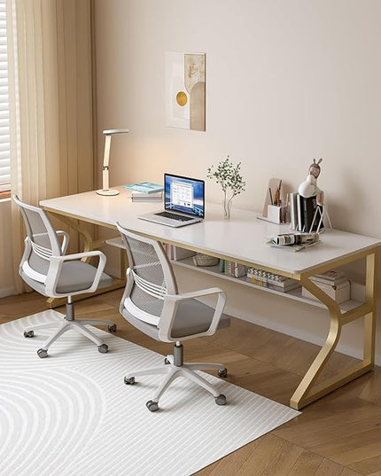 Extra Long Desk with Bookshelf - 71" Double Long Writing Table for 2-Person Workstation, Modern Study Work Computer Desk for Home and Office, Gold