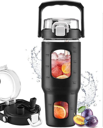 BLUEGO 32oz Glass Tumbler with Lid and Handle, Iced Coffee Cup with Straws, Glass Water Bottle with Silicone Sleeve and Volume, Marker Glass Cup with Time Marking, BPA Free, Black