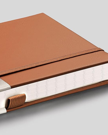 EMSHOI Lined Journal Notebook, 120 gsm Leather Hardcover with Sticky Notes & 256 Numbered A5 Pages – College Ruled Notebook for Writing, Work, School, Men, Women | 5.75”x8.38” – Brown
