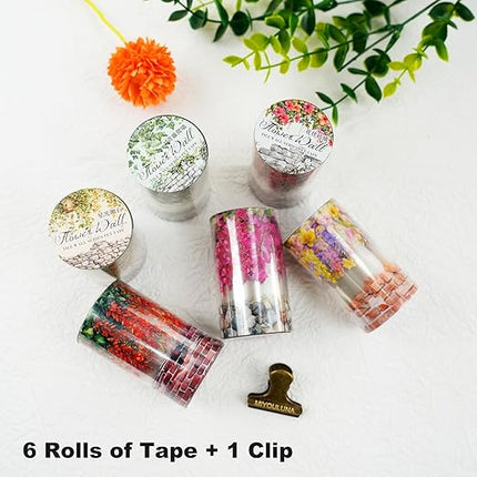 MiyouLuna 6 Rolls Flower Wall PET Tape Set, Seamless Floral Brick Stone Stickers for Journaling, DIY Crafts, Planner, Scrapbook Supplies with Clip, Waterproof and Decorative
