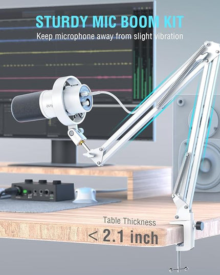FIFINE Dynamic Microphone with Boom Arm, Studio Vocal XLR Microphone, Podcast USB Mic Kit for PC with Mute Button, Volume Knob, Headphone Jack, for Streaming Recording-AmpliTank K688CT White