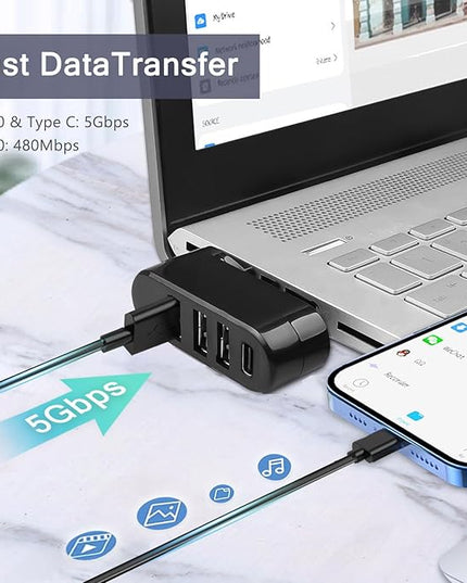 VIENON 4-Port USB 3.0 Hub [90°/180° Degree Rotatable], USB Splitter with PD-in 5W USB C Port, USB Extender for Laptop, Car, iMac, MacBook Air, MacBook Pro, and More