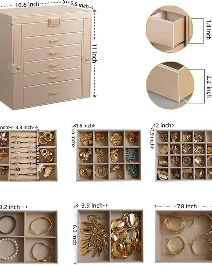 BOOVO Jewelry Box For women, 6 Layer Large Jewelry Organizer With Mirror, Multi-Function Storage Box With Lock, Necklace Holder With 5 Drawers, For Earrings Necklace Bracelet (Champagne Gold)
