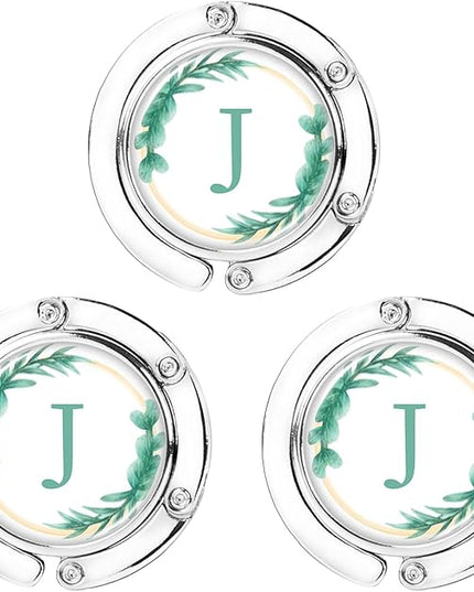 Iqimott 3pcs Personalized Initial Foldable Purse Hook for Table, Flower Letter Folding Handbag Hanger Portable Magnet Table Hook Holder, Collection Desk Purse Hooks for Women Bag (Green-J)