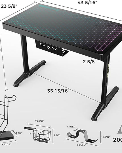 EUREKA ERGONOMIC RGB LED Gaming Desk, Music Sync Lights Up Tempered Glass Desktop, 43" GTG I43 Home Office Computer Table W Controller Rack 4 USB Charging Ports, APP Control