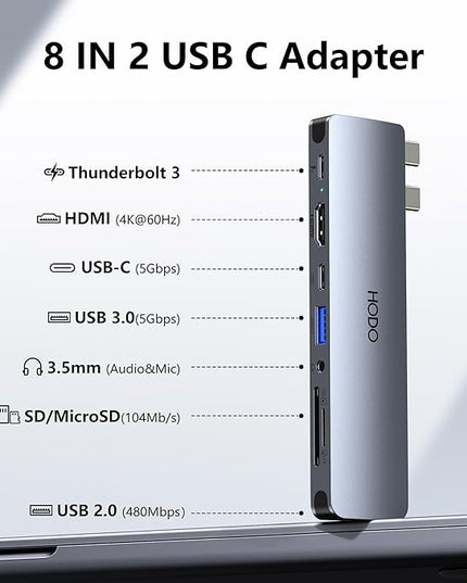 USB C Hub HDMI USB Adapter for MacBook Pro Air M3 M2 M1 2025-2018 13 14 16", MacBook Adapter Multiport 8 in 2 Mac USB C Hub with HDMI, Thunderbolt 3, 10G USB C&A Data Ports, SD TF Card Reader, Audio