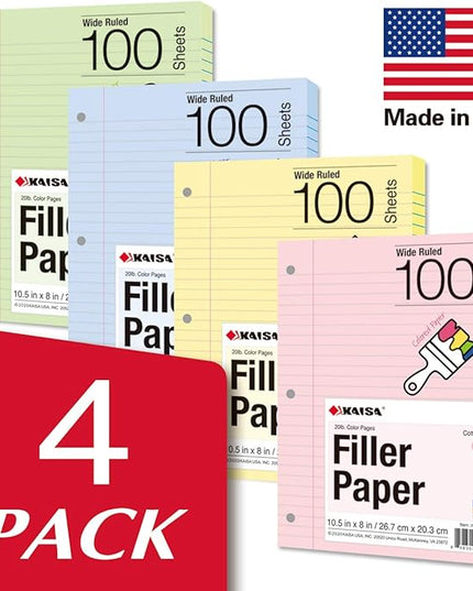Kaisa Filler Paper Colored loose Leaf Paper, Wide Ruled 8x10.5in Colored Paper, 3-Hole Punched for 3-Ring Binders,100Sheets/pack 4Packs, FC10001W