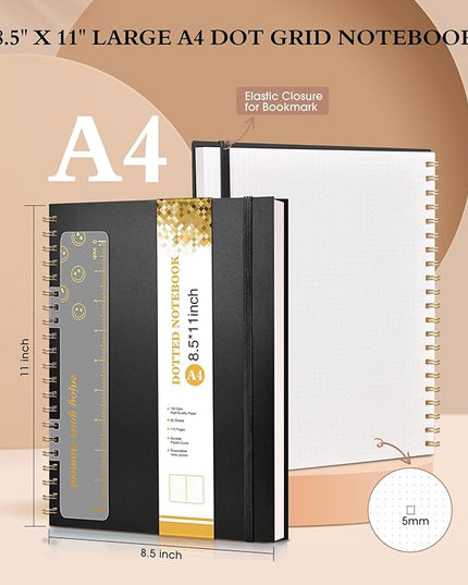 Dotted Notebook, Spiral Notebook Journal 8.5” x 11”, A4 Large Dot Grid Notebooks for Women Men, 100 GSM Dotted Paper, Plastic Hardcover Spiral Bullet Journals for Work School Sketching, Black
